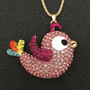 Pink/Brown Crystal Enamel Cute Bird Pendant Long Necklace NWOT